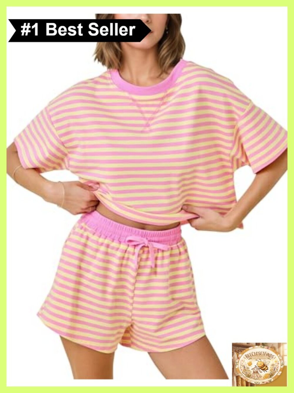 Women's Striped Lounge Set 2 Piece Short Sleeve Crop Top & Drawstring Shorts